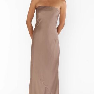 Show Me Your MuMu Strapless Satin Column Dress in Taupe